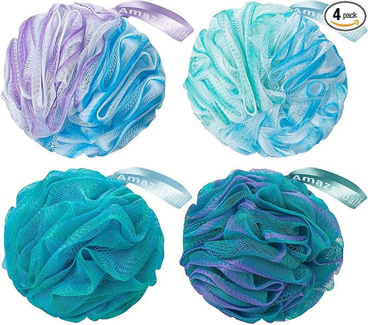 AmazerBath Loofah Sponge 60g/Piece, Exfoliating Bath Sponge Body Scrubber - Loofa Set of 4 Flower Color (Green-Purple)