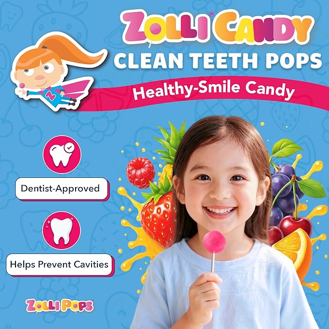 Zollipops Clean Teeth Pops Sugar Free Candy with Xylitol, Dye-Free Lollipops - Keto & Diabetic-Friendly, Dentist-Approved Treats for Kids (Assorted Fruit, 8 count, 1.6 oz)