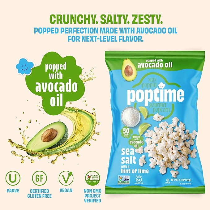 Poptime Popcorn Bags – Sea Salt Popcorn With a Hint of Lime, Healthy Snack Popped With Heart-Healthy Avocado Oil, Crunchy, Zesty, Gluten Free, Vegan, Low Calorie, Non-GMO, Kosher - 4.5 oz - Pack 12