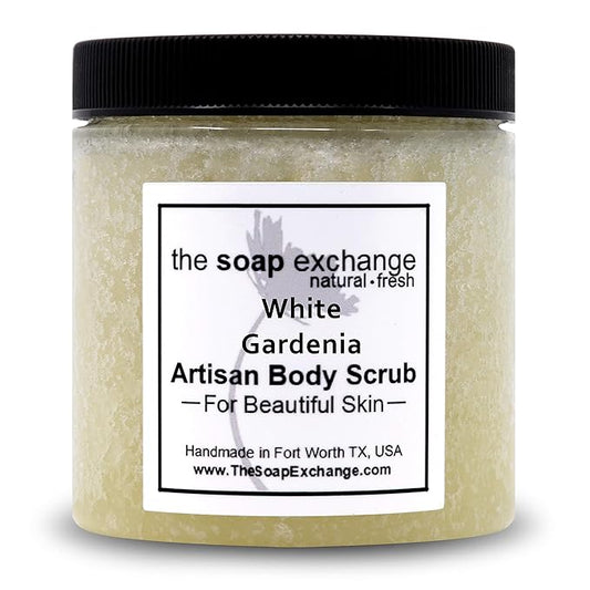 The Soap Exchange Sugar Body Scrub - White Gardenia Scent - Hand Crafted 8 fl oz / 240 ml Natural Artisan Skin Care, Shea Butter, Exfoliate, Moisturize, & Protect. Made in the USA.