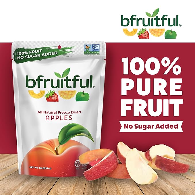 bfruitful Freeze-Dried Apple, Freeze Dried Fresh Fruit Bites, Gluten Free, Vegan, Dairy Free, Kosher, No Sugar Added, Non GMO, Healthy Snacks for Kids or Adults, 0.56 oz Single-Serve Snack Packets, 24 Pack