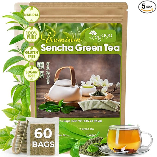 TOG999, Premium 60 Sencha Green Tea Bags, 100% Natural & Pure from Sencha Green Tea Leaves. Loose Leaf Sencha Herbal Tea. No Sugar, No Gluten, Vegan.