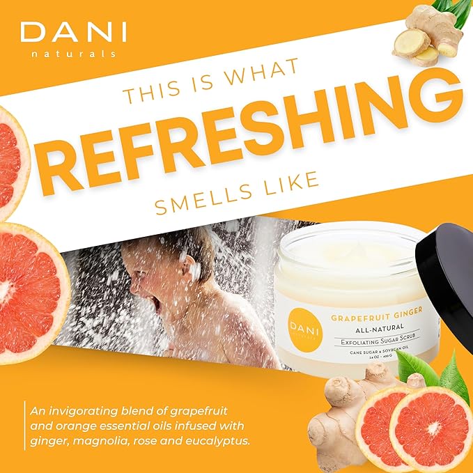 DANI Naturals Sugar Scrub - Gently exfoliates with organic cane sugar, leaving skin soft and radiant. Infused with grapefruit and ginger, it deeply moisturizes. 14 oz