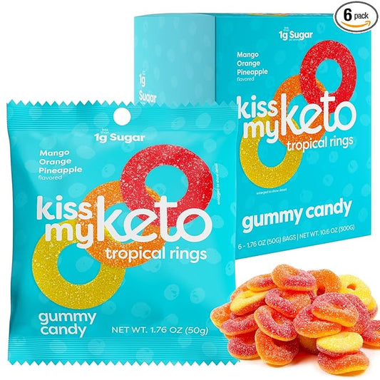 Kiss My Keto Sugar Free Gummies, Gummy Ring 6-Pack – Satisfy Cravings while Staying in Ketosis – High Fiber, 2g Net Carbs, Non-GMO, Vegan, & No Gluten – Calorie-Friendly Vegan Candy