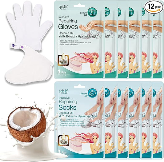 Epielle Intensive Repairing Hand & Foot Masks (6 Gloves & 6 Socks), Repair and Moisturize Dry Hands & Cracked Heels with Coconut Oil & Milk Extract, Korean Skin Care, Spa Self Care Gifts for Women