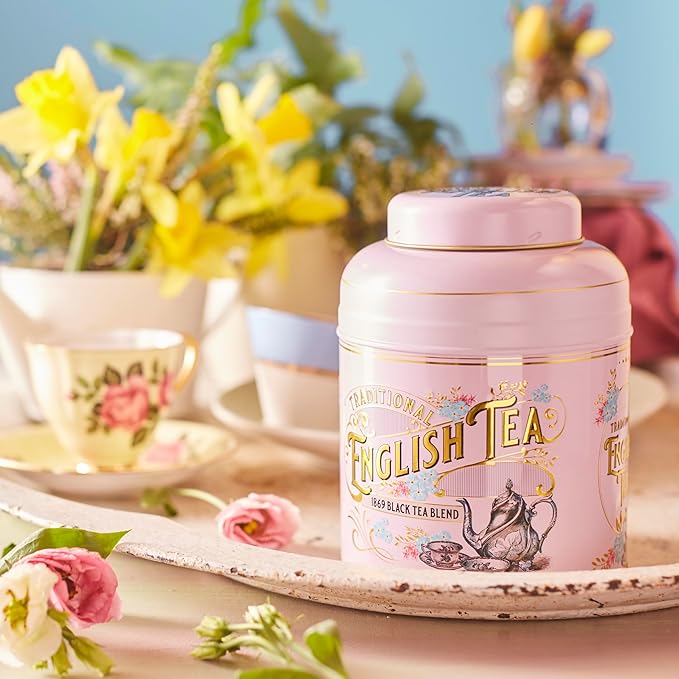 New English Teas Vintage Victorian Tea Caddy with 80 English Teabags (Rose Pink)