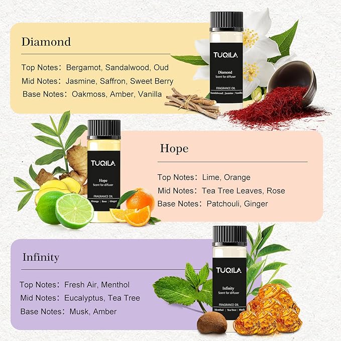 Hotel Luxury Waterless Diffuser Essential Oil Set(10x 20mL), Aroma Scent Oil My Way, Diamond, Hope, White Tea, Olene, Usage Cold Air Diffuser Aromatherapy for Home, Car, Hotel, Office