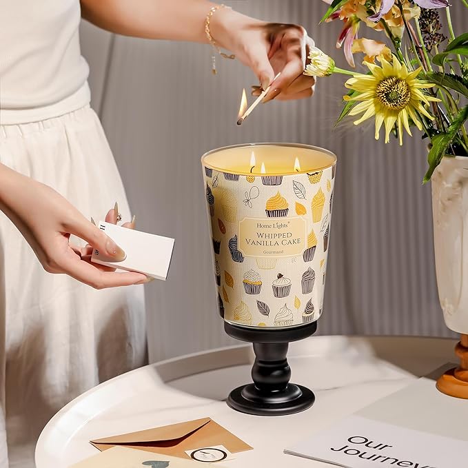 HomeLights Soy Wax Candles for Home Scented, 3-Wick Candles in Whipped Vanilla Cake Scented, Rustic Modern Aromatherapy Candles Gift for Parties, Relaxing, 34oz