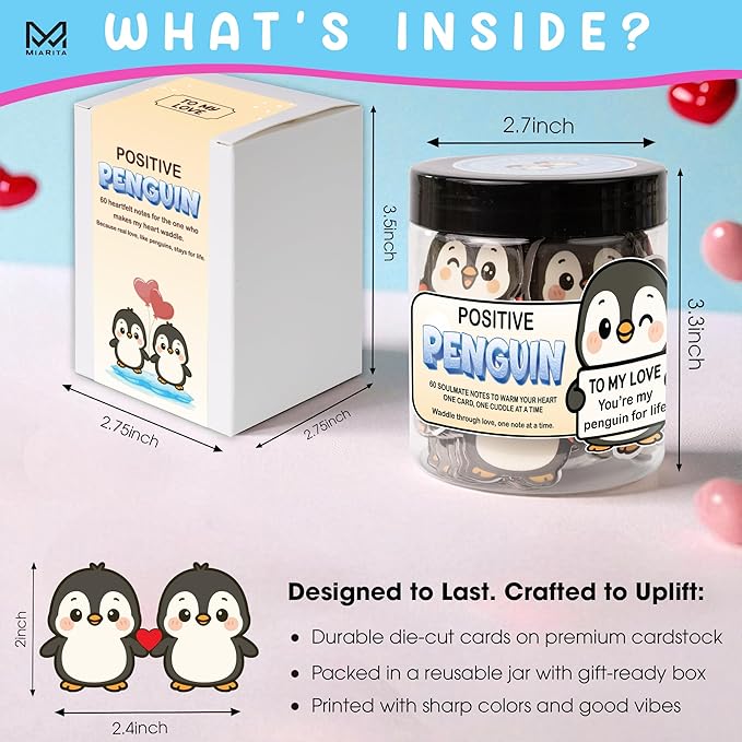 Positive Penguin Love Jar, 60 Cute Affirmation Cards, Relationship Gift for Girlfriend, Boyfriend, Husband, or Wife, Penguin Couple Jar, for Women, Her, Him