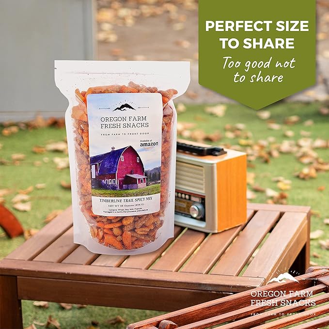 Oregon Farm Fresh Snacks Timberline Trail Spicy Mix - Spicy Nuts And Cajun Sticks Trail Mix - Game Night Snacks In Resealable Bag - Hand-Blended Hot & Savory Snack Pack (16oz)