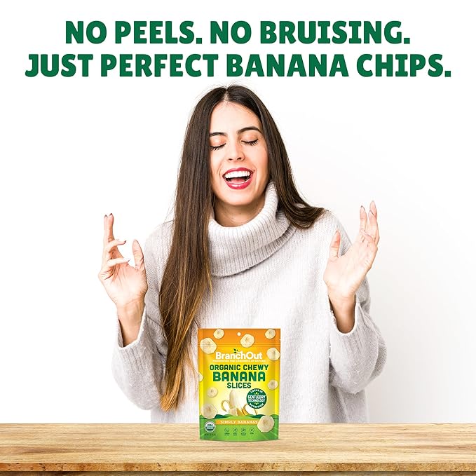 BranchOut Chewy Banana Slices, No Sugar Added, GentleDry Locks in Nutrition, Better than Freeze Dried Banana Chips, Healthy Vegan Halloween Fruit Snacks for Kids & Adults, 2 oz Snack Size (Pack of 4)