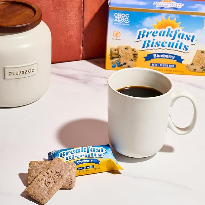 ChocZero Blueberry Breakfast Biscuits – No Sugar Added, Keto & Gluten Free, High Fiber Prebiotic Snack, Blueberry‑Baked Low Net Carb Cookies – 9oz Box