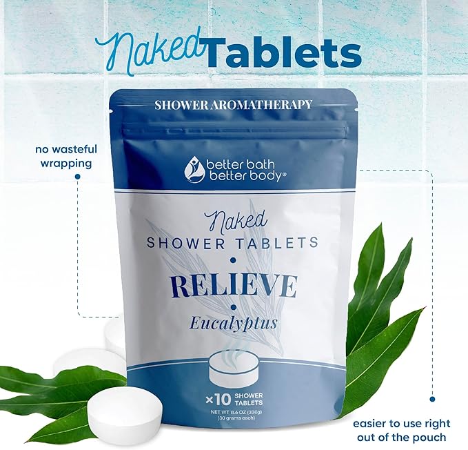 New Relieve Shower Tablets (10 Tabs) Scented with Pure Eucalyptus Essential Oil for Relaxing Shower at Home Made in USA