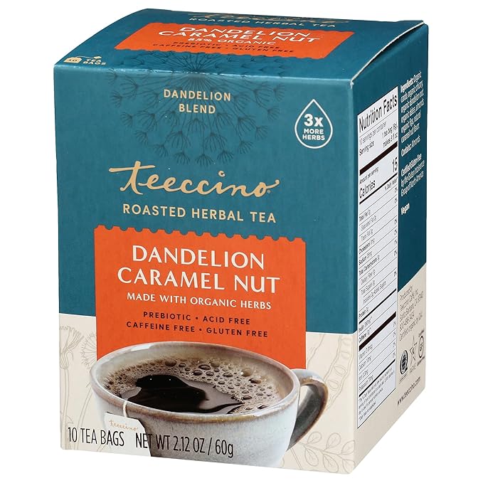 Teeccino Dandelion Caramel Nut Tea - Caffeine Free, Roasted Herbal Tea with Prebiotics, 3x More Herbs than Regular Tea Bags, Gluten Free - 10 Tea Bags (Pack of 4)