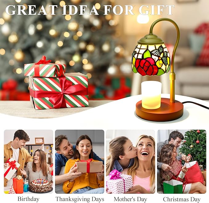 Candle Warmer Lamp with Timer Dimmer, Butterfly Tiffany Style Stained Glass Candle Lamp Warmer, Adjustable Wax Melt Warmer with 2 Bulbs for Small Jar Candles Birthday Gifts for Women Mom Friend