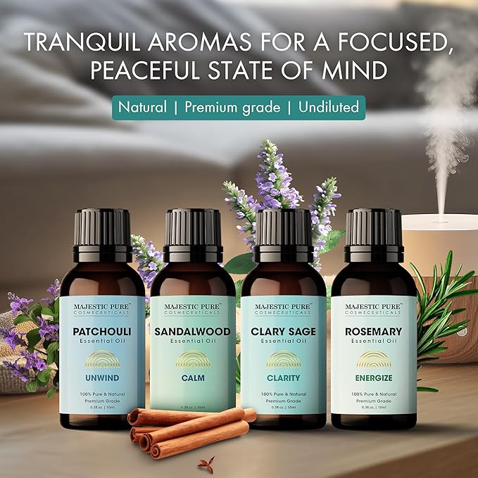 Majestic Pure, Rosemary, Sandalwood, Clary Sage and Patchouli Meditation Essential Oil Set | Perfect for Meditation, Yoga, Relaxation or Mindful Mornings | Pack of 4 x 0.3 Fl Oz
