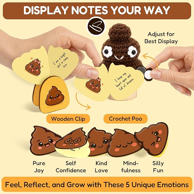 Positivity Poo Crochet Affirmation Jar - 60 Funny Affirmation Cards For Women Men, Support Poop Gifts, Cute Birthday Gifts For Teens Girl Trendy Stuff, Inspirational Gift For Him Her