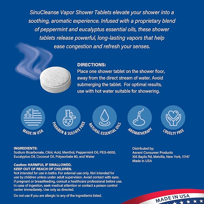 Sinucleanse Vapor Shower Steamers, All Natural Eucalyptus & Mint Aromatherapy, 12 Extra Large Vapor Shower Tablets, Relaxation and Spa Gifts for Women and Men, Made in USA
