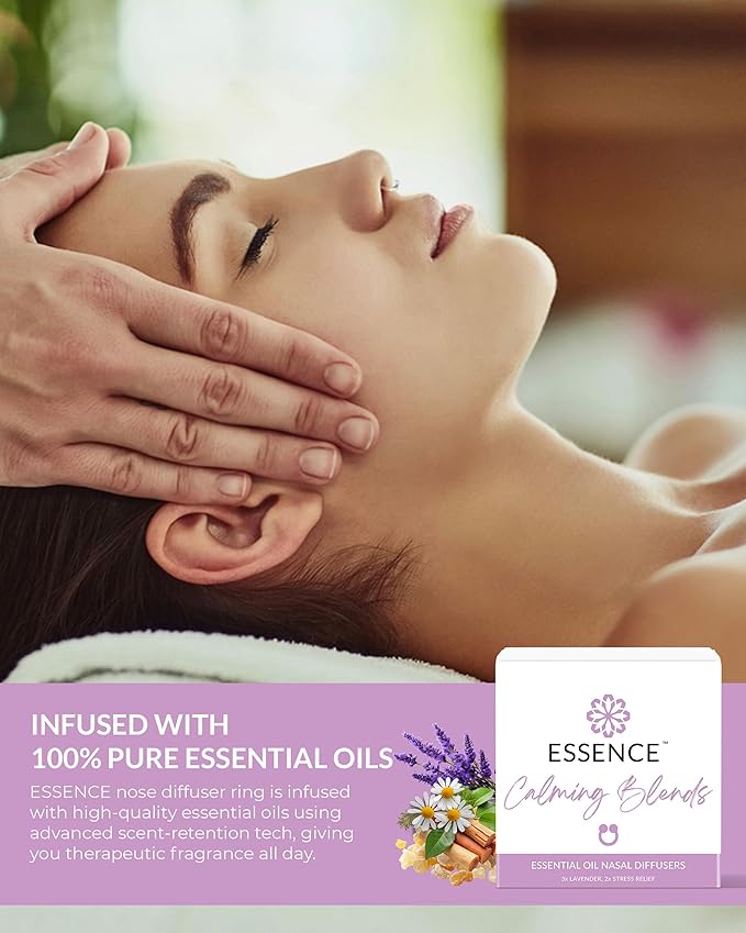 Essence Nasal Diffuser Calming Bundle – Aromatherapy Essential Oil Silicone Nose Rings for Stress & Sleep Support – Wearable Lavender & Stress Relief Blends for Relaxation & Nighttime Use
