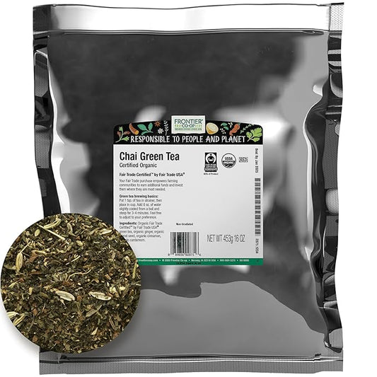Frontier Co-op Organic Chai Green Tea, 1-Pound Bulk, Robust Combination of Green Tea & Spices, Great as Hot Tea, Fair Trade