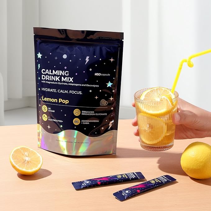 Calm Magnesium Glycinate Drink Mix with Electrolytes – Sugar Free Powder with Ashwagandha, L-Theanine, Vitamin B & GABA – Cortisol Support, Stress Relief, Hydration & Focus - 20 servings (Lemon)