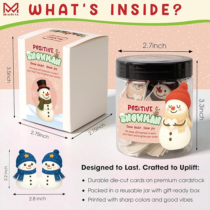 Positive Snowman Jar, 60 Snowy Affirmation Cards, for Women, Men, Teens & Coworkers, Holiday Friendship Gift Idea & Stocking Stuffers, White Elephant