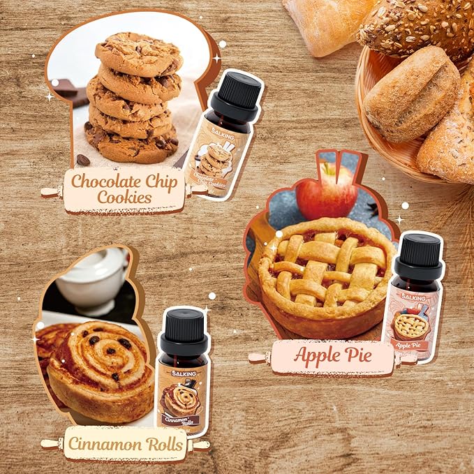 SALKING Bakery Fragrance Oils, Premium Essential Oil for Diffuser, Scented Oil Set for Soap Candle Making - Chocolate Chip Cookies, Apple Pie, Cinnamon Rolls, Vanilla Cake, Snickerdoodle, Sugar Cookie