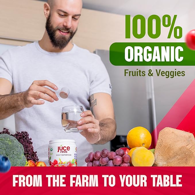 Terra Kai Organics JUCE Reds Organic Superfood Powder - Garden Berry Flavor | Fruit & Veggie Powder for Everyone w/64 Immune Boosting Superfood Plus Probiotics for Gut Health | 20 Servings (230g)