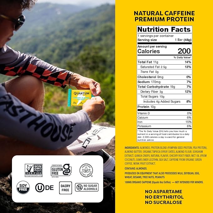 Quantum Energy Square: Energy Bar with Caffeine & 10g Protein. Delicious Healthy Snack On The Go. (Vegan, Gluten-free, Soy-free, Dairy-free) (Caramel Almond Sea Salt)