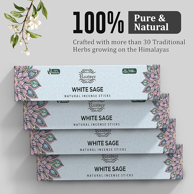 Raajsee White Sage Incense Sticks (180 gm), 100% Pure Organic Natural Hand Rolled Free from Chemicals - Perfect for Aromatherapy, Cleansing, Meditation, and Church (Pack of 12)