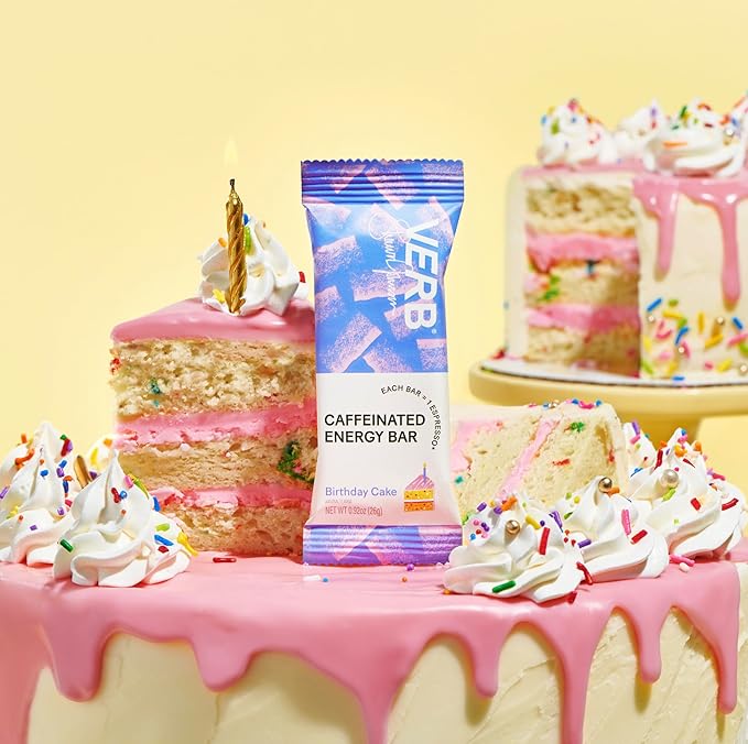 Verb Caffeinated Energy Bars Birthday Cake (26g, Pack of 16) 110-Calorie Delicious Low Sugar Energy Bar - Vegan Gluten Free On-the Go Snack with 80mg Green Tea Caffeine, Only Real-Food Ingredients