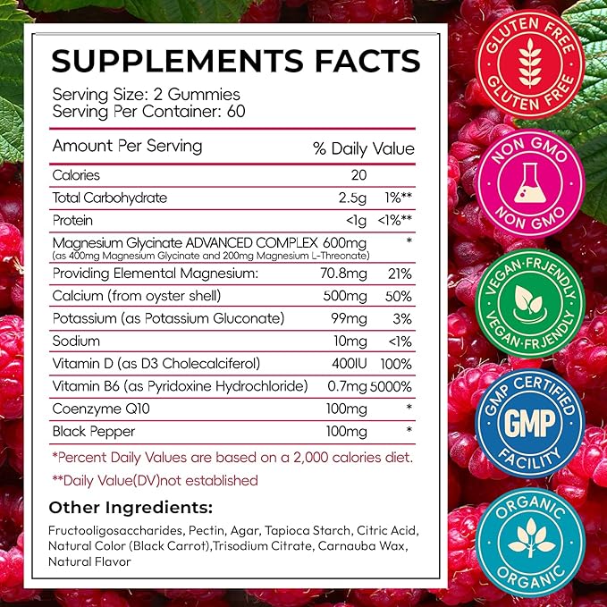 Magnesium Glycinate Gummies 600mg, High Absorption Magnesium Gummies with L-Threonate, Black Currant Oil, Calcium, Vitamin B6, Sugar Free Chews for Adults & Kids Relaxation, Stress Relief, Night Rest