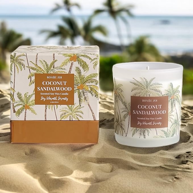 ROMIIE ZOI Coconut & Sandalwood Scented Candle - 6oz Soy Wax Candle for Home Scented, Stress Relief Candle Gifts for Women/Men
