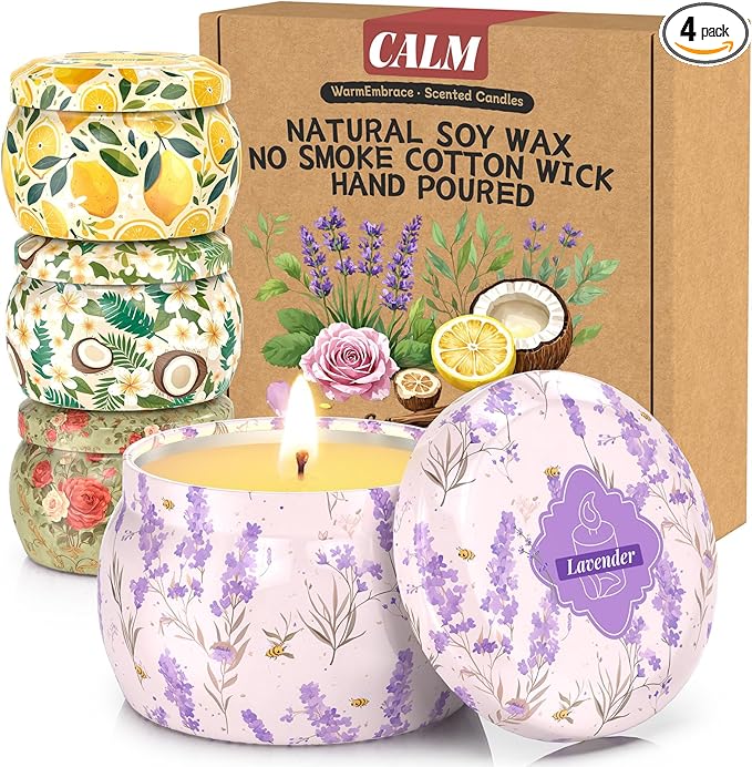 WarmEmbrace Scented Candles for Women, 4 Pack Soy Candle Set, 4.4OZ Candles for Home Scented, Candle Gift Set for Women, Lavender/Coconut and Christmas Holiday Candles, Total 120H Burning Time