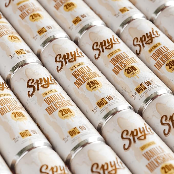 Spylt High Protein Vanilla Milkshake with 60mg Caffeine & 20g Protein - 90 Calories, Ready to Drink, Sugar Free, Lactose Free Milk, Perfect for Workout Recovery & Afternoon Pick Me Up - 12 Count