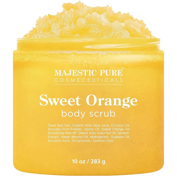Majestic Pure Sweet Orange Body Scrub for All Natural Skin Care - Exfoliating Multi Purpose Body and Facial Scrub Moisturizes and Nourishes Face and Skin - 10 oz - Great Gift for Her
