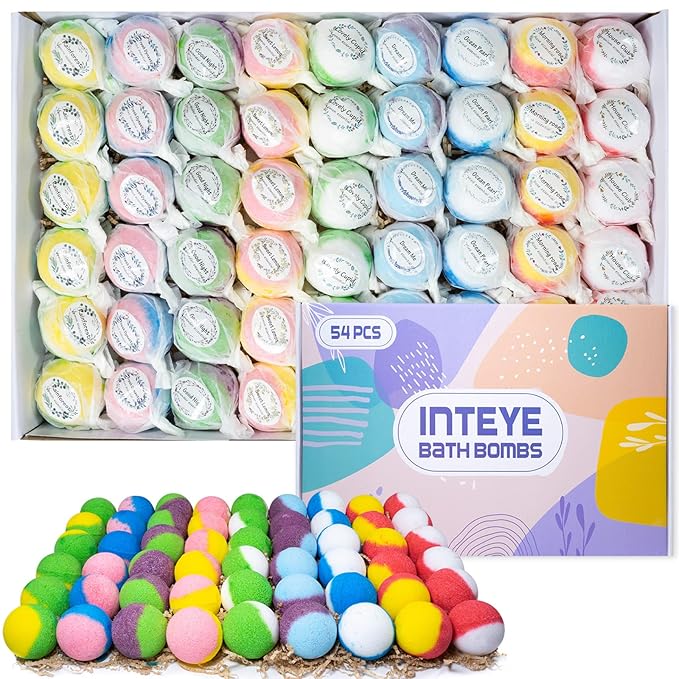 INTEYE Luxury Bath Bombs Gift Set - 54pc Skin-Nourishing Mineral Bath Salts with Natural Essential Oils & 9 Aromas | Spa-Qualit Self-Care for Women, Men, Kids (Eco-Friendly Packaging)