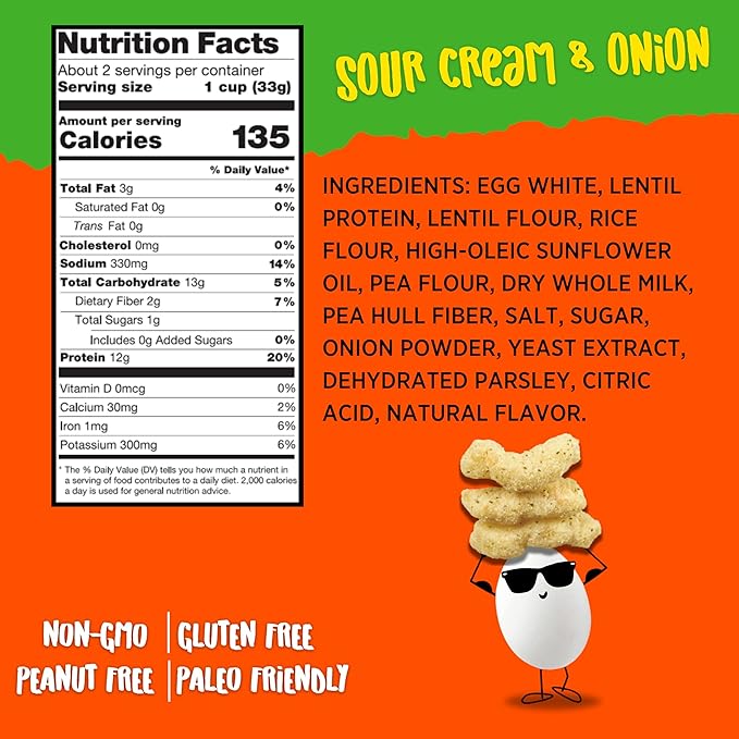 Todd's Better Snacks Egg-Cellent Protein Puffs, Sour Cream & Onion – 12g Protein, Gluten-Free, Paleo-Friendly, Baked, GLP-1 Compliant – Healthy Snack, Made with Egg Whites – 2.5 Oz (Pack of 4)