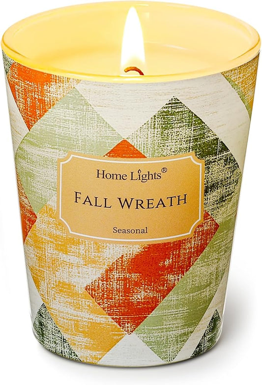 HomeLights Soy Wax Candles for Home Scented, 1-Wick Candles in Fall Wreath Scented, Rustic Modern Aromatherapy Candles Gift for Parties, Relaxing, 6.7oz