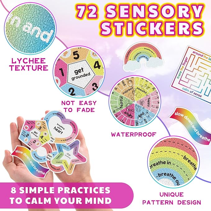 Libima 72 Pieces Anxiety Sensory Stickers Textured Stickers Fidget Mindfulness Sticker School Counselor Supplies Adult Sensory Items Anxiety Relief, 9 Styles(Classic Color)