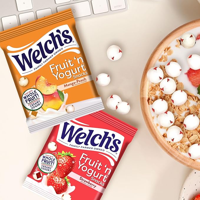 Welch's Fruit Snacks, Fruit 'n Yogurt Variety Pack, Strawberry, Mango Peach, Gluten Free, Bulk Pack, Single Serve, 0.7 oz Bags (Pack of 50)