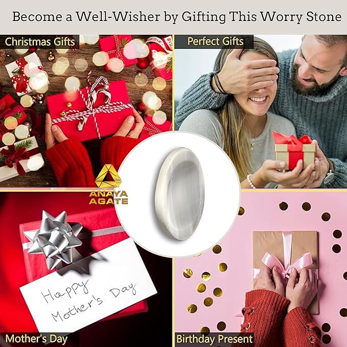 Selenite Worry Stones – Crystal Thumb Worry Stone for Anguish, Stress – Relaxing and Soothing Balance Stones for Meditation, Stress Relief – Healing Stones and Crystals for Men and Women