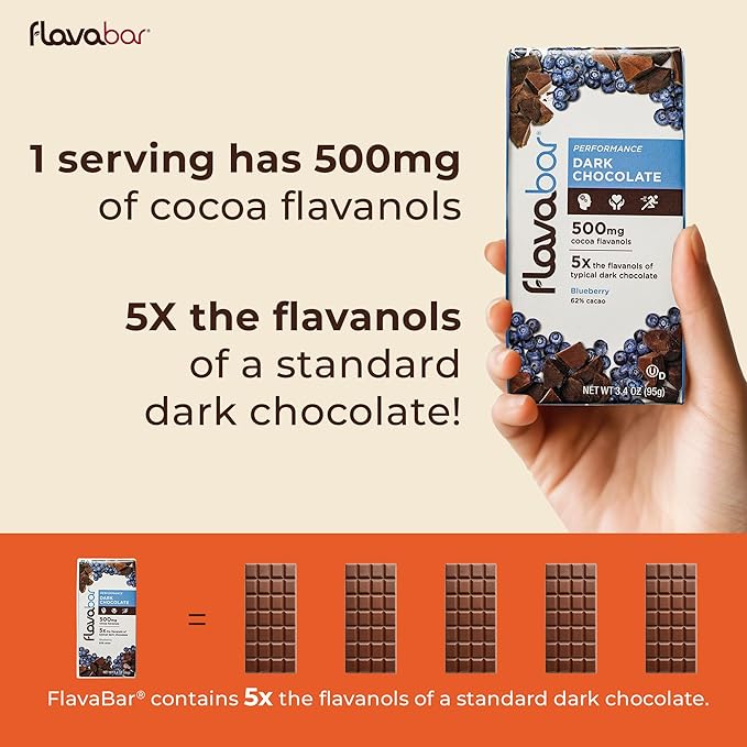 FlavaBar Performance Dark Chocolate | 500mg Cocoa Flavanols | Blueberry | 6 Pack, 3.4 oz bars