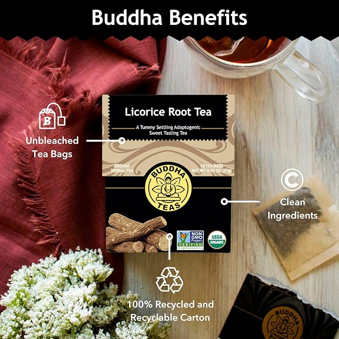 Buddha Teas - Organic Licorice Root Tea - Herbal Tea - For Health & Wellbeing - Immune Health & Digestion Support - Clean Ingredients - Caffeine Free - OU Kosher - 18 Tea Bags (Pack of 1)