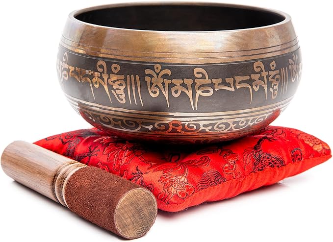 Tibetan Singing Bowl Set Authentic – Handmade in Nepal Sound & Meditation Bowl – Spiritual Decor for Yoga, Wellness Spaces & Relaxation by Himalayan Bazaar (Brown & Red)
