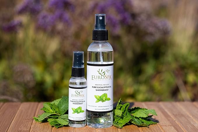 EuroSpa Aromatics Pure Eucalyptus Oil ShowerMist and Steam Room Spray, All-Natural Premium Aromatherapy Essential Oils - Menthol Infused, 2oz