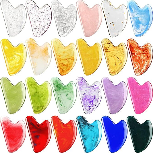 Sherr 24 Pcs Gua Sha Facial Tool Resin Gua Sha Massage Tool Heart Shaped Gua Sha Stone Guasha Board for Face Body Skin Massage Spa Acupuncture Prevent Wrinkles (Multi Colors)
