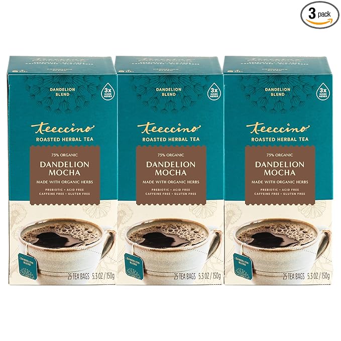 Teeccino Dandelion Mocha Tea - Caffeine-Free, Roasted Herbal Tea with Prebiotics, 3x More Herbs than Regular Tea Bags - Gluten-Free, Acid-Free Coffee Alternative - 25 Tea Bags (Pack of 3)