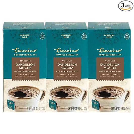 Teeccino Dandelion Mocha Tea - Caffeine-Free, Roasted Herbal Tea with Prebiotics, 3x More Herbs than Regular Tea Bags - Gluten-Free, Acid-Free Coffee Alternative - 25 Tea Bags (Pack of 3)