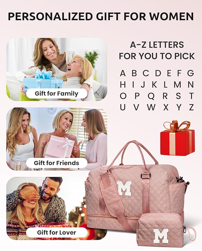 Gifts for Daughter-Girls Initial Duffle Bag with Shoe Compartment, Kids Weekender Bag, Monogram Overnight Bag, Letter Travel Bag with Makeup Bag,Sister Friend Girlfriend Gifts (Letter M)